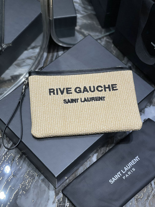 2021 Saint Laurent Rive Gauche Zippered Pouch in beige embroidered raffia and black leather