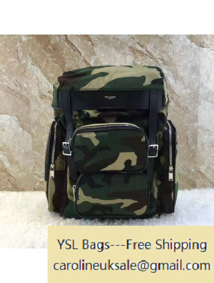 2016 Saint Laurent 342609 Hunting Rucksack Backpack in Camouflage Canvas and Black Leather