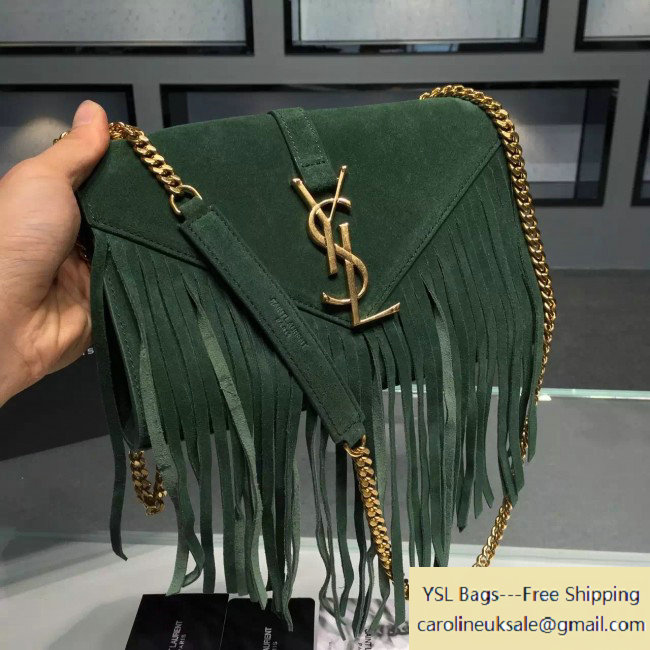 2015 Saint Laurent Classic Small Monogram Fringed in Green Suede