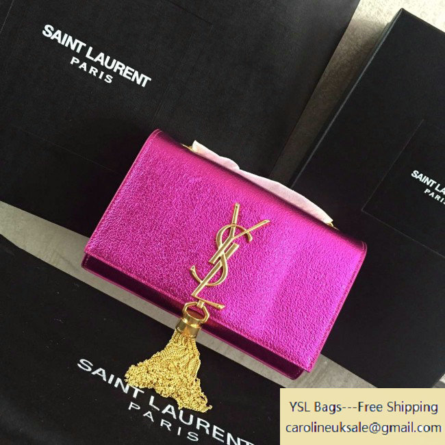 2016 Saint Laurent 354120 Classic Small Monogram Chain Tassel Satchel Bag in Fuchsia Grained Metallic Leather