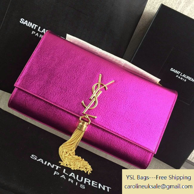 2016 Saint Laurent 354119 Classic Medium Monogram Chain Tassel Satchel Bag in Fuchsia Grained Metallic Leather
