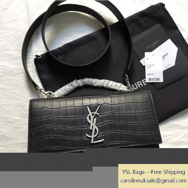 2016 Saint Laurent Classic Medium Kate Monogram Double Handle Satchel Bag in Black Crocodile Embossed Calfskin 446753