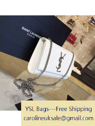 2016 Saint Laurent 354021 Medium Monogram Chain Satchel Bag with Metal Snake Textured YSL Signature White Croco Pattern Leather
