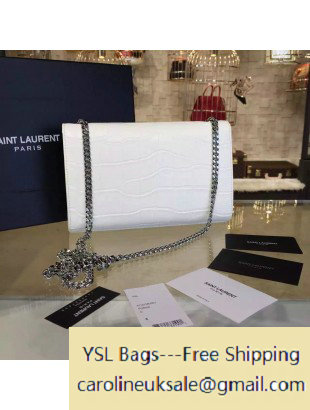2016 Saint Laurent 354021 Medium Monogram Chain Satchel Bag with Metal Snake Textured YSL Signature White Croco Pattern Leather