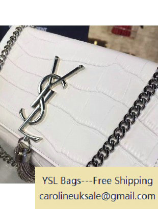2016 Saint Laurent 354119 Medium Monogram Chain Tassel Satchel Bag with Metal Snake Textured YSL Signature White Croco Pattern Leather