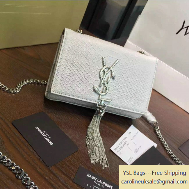 2016 Saint Laurent 354120 Classic Small Monogram Tassel Satchel in Off-White Snake Pattern with Metal Snake Textured YSL Signature - Click Image to Close