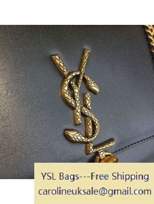 2016 Saint Laurent 354119 Classic Medium Monogram Chain Tassel Satchel Bag with Metal Snake Textured YSL Signature in Black Smooth Calfskin - Click Image to Close