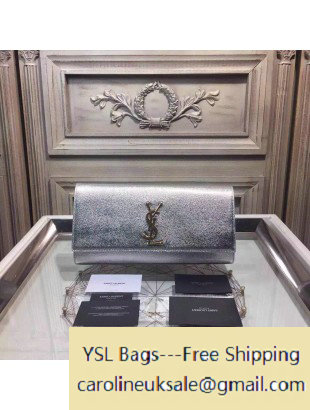 2015 Saint Laurent Classic Monogram Clutch 326079 in Silver Grained Leather - Click Image to Close