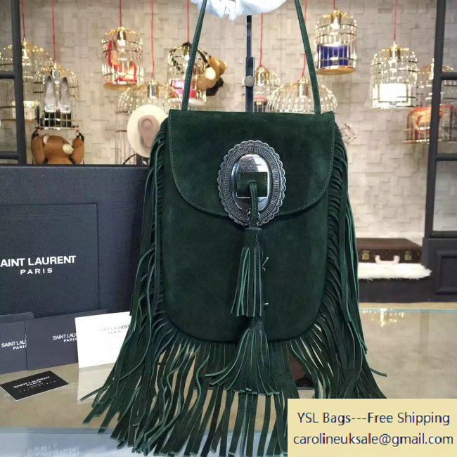 2016 Saint Laurent 395012 Anita Tasseled Flat Bag in Dark Green Suede