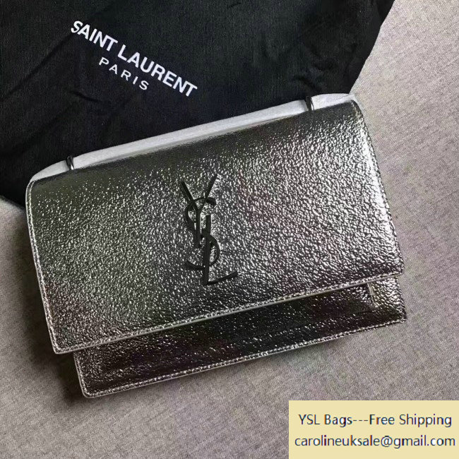2017 Saint Laurent 452157 Chain Wallet in Silver Grained Metallic Leather