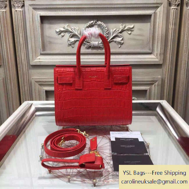Saint Laurent Classic Nano Sac De Jour Bag in Red Crocodile Embossed Leather