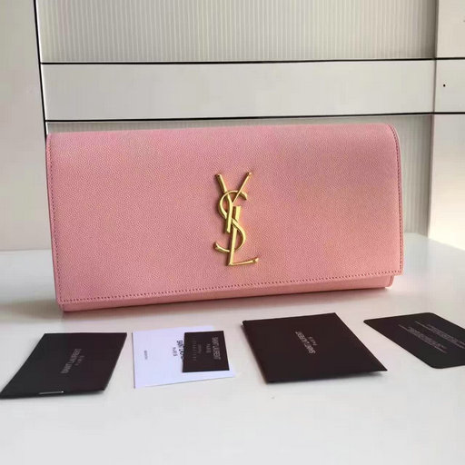 2017 Saint Laurent Classic Monogram Clutch in Pink Grain de Poudre Textured Leather