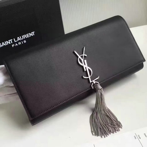 2017 Saint Laurent Tassel Clutch in Black Leather and Silver-Toned hardware