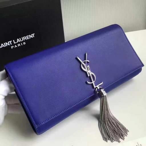 2017 Saint Laurent Tassel Clutch in Blue Leather and Silver-Toned hardware