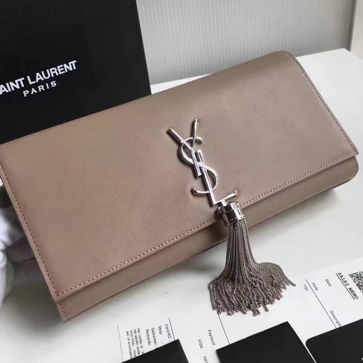 2017 Saint Laurent Tassel Clutch in Taupe Leather and Silver-Toned hardware - Click Image to Close