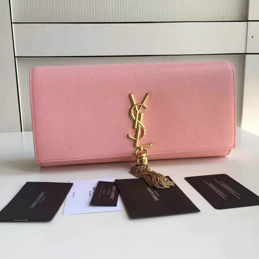 2017 Saint Laurent Classic Tassel Clutch in Pink Grain de Poudre Textured Leather