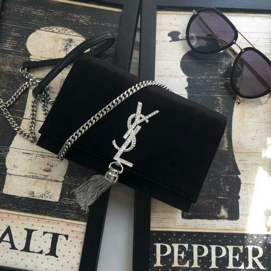 2017 Saint Laurent Kate Chain and Tassel Wallet in Black Velvet and Crystals