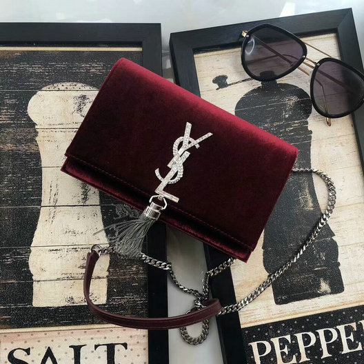 2017 Saint Laurent Kate Chain and Tassel Wallet in Dark Red Velvet and Crystals