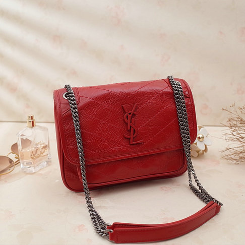 2018 New Saint Laurent Baby Niki Chain Bag in Red Crinkled and Quilted Leather