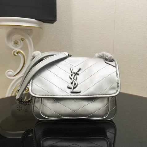 2018 New Saint Laurent Baby Niki Chain Bag in Silver Calf Leather