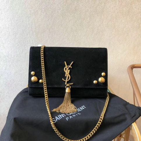 2018 New Saint Laurent Kate Medium Bag in black suede with tassel and studs