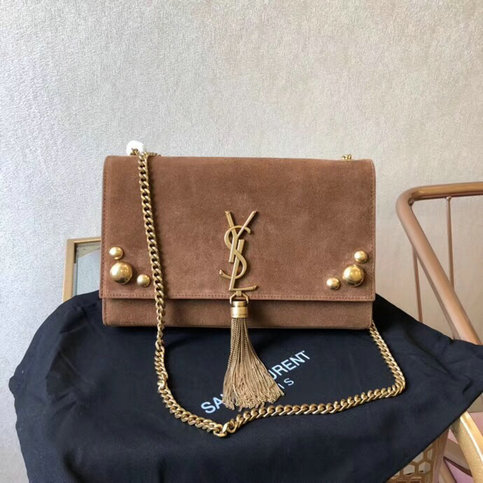 2018 New Saint Laurent Kate Medium Bag in moka suede with tassel and studs