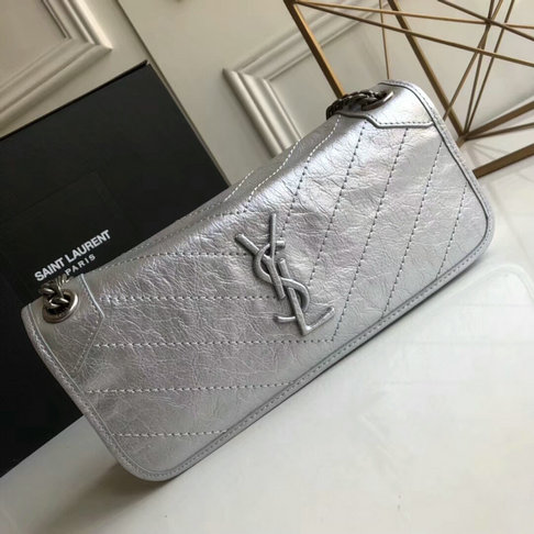 2018 Cheap Saint Laurent Small Niki Chain Bag in Silver Vintage Crinkled and Quilted Leather