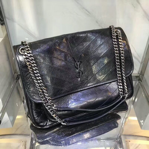 2018 New Saint Laurent Large Niki Chain Bag in Black Vintage Crinkled and Quilted Leather