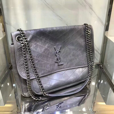 2018 New Saint Laurent Large Niki Chain Bag in Fog Vintage Crinkled and Quilted Leather