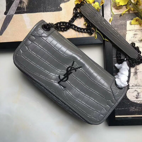 2018 Cheap Saint Laurent Small Niki Chain Bag in Fog Croc-embossed Leather