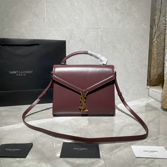 2020 Saint Laurent Cassandra Medium Top-handle Bag in burgundy calfskin leather