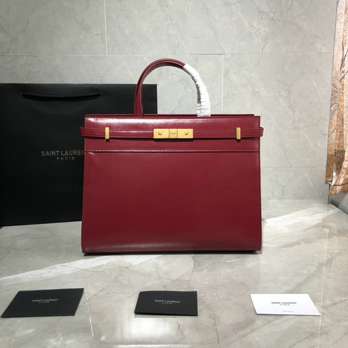 2019 Saint Laurent Manhattan Small Shopping Tote Bag in dark red smooth leather