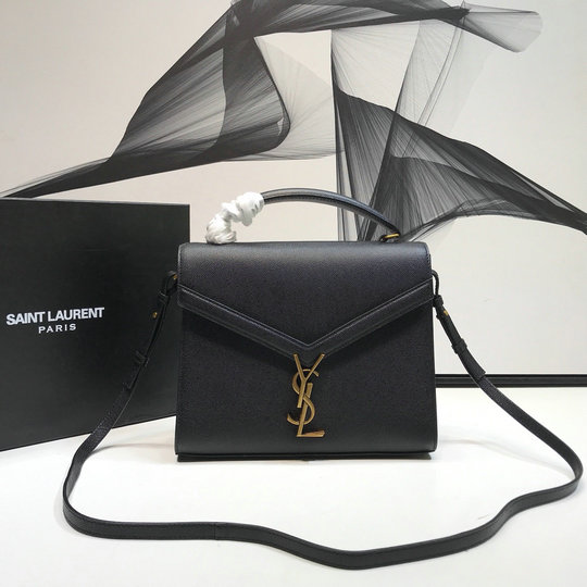2020 Saint Laurent Cassandra Medium Top-handle Bag in black grain de poudre embossed leather