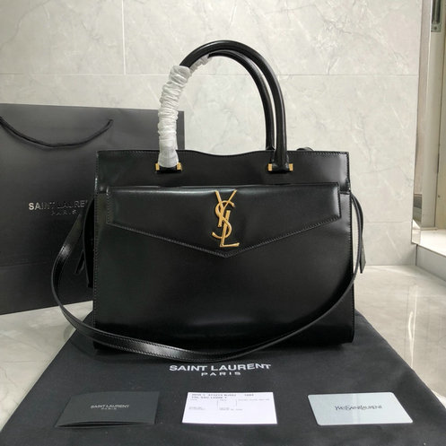 2019 New Saint Laurent Medium Uptown Tote in black glazed leather