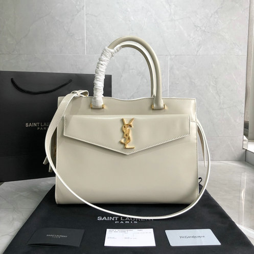 2019 New Saint Laurent Medium Uptown Tote in ivory glazed leather