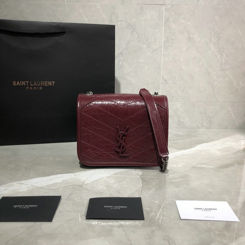 2019 Saint Laurent NIKI Chain Wallet in burgundy crinkled vintage leather