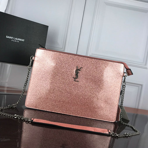 2019 Cheap Saint Laurent Large Zip Clutch in pink glitter patent leather
