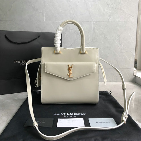 2019 New Saint Laurent Small Uptown Tote in ivory glazed leather