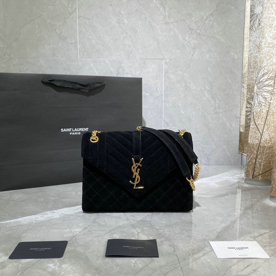 2020 Saint Laurent Monogram Envelope Medium Bag in black mix matelassé suede leather