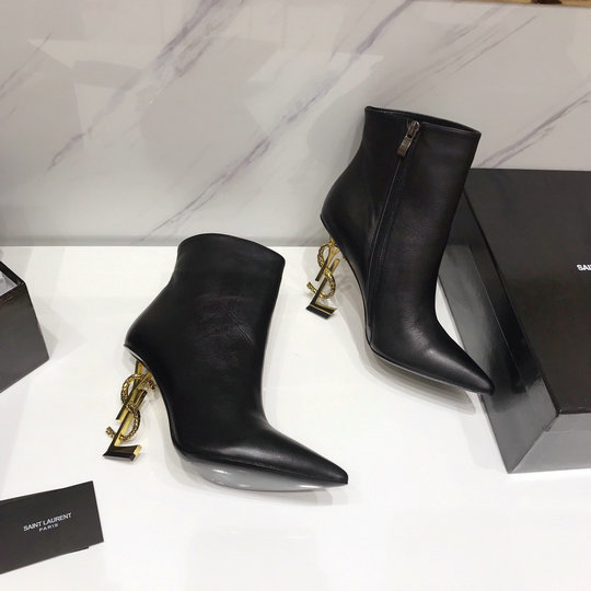 2020 Saint Laurent OPYUM Ankle Boots in Black Leather with bronze snake heel