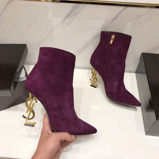 2020 Saint Laurent OPYUM Ankle Boots in Purple with bronze snake heel
