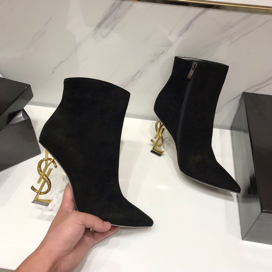2020 Saint Laurent OPYUM Ankle Boots in Black with bronze snake heel