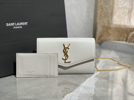 2020 Saint Laurent Uptown Chain Wallet in white grain de poudre embossed leather - Click Image to Close