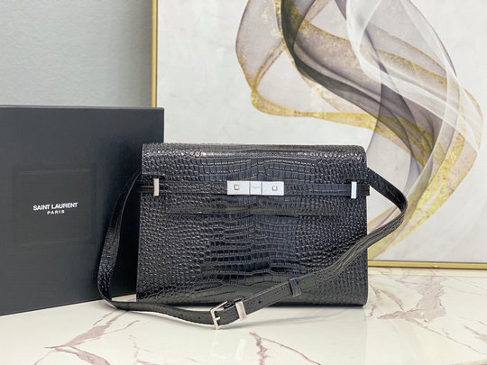 2020 Saint Laurent Manhattan Shoulder Bag in black crocodile-embossed leather