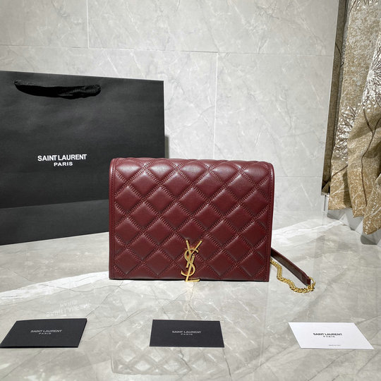 2021 Saint Laurent Becky Mini Chain Bag in burgundy quilted lambskin