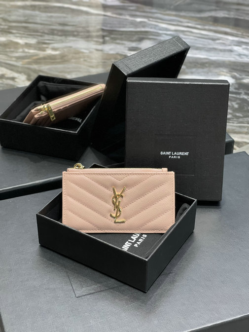 2021 Saint Laurent Monogram Fragments Zippered Card Case in grain de poudre embossed leather