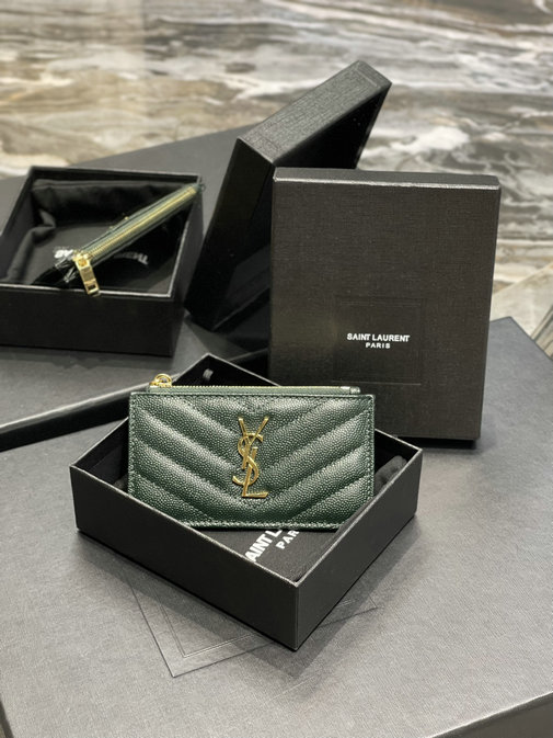 2021 Saint Laurent Monogram Fragments Zippered Card Case in dark green grain de poudre embossed leather