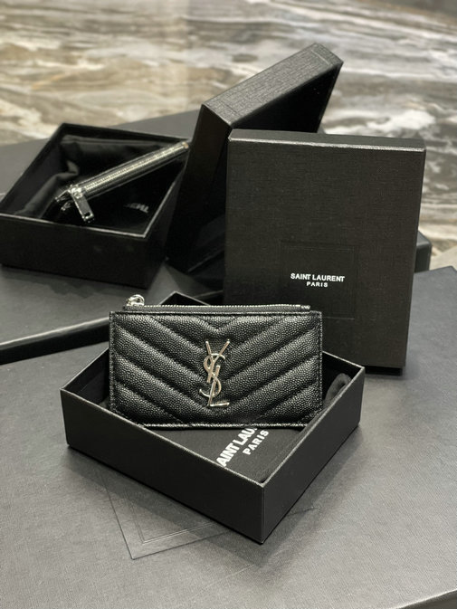 2021 Saint Laurent Monogram Fragments Zippered Card Case in black grain de poudre embossed leather