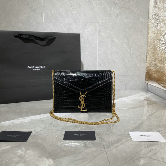 2021 Saint Laurent Cassandra Monogram Clasp Bag in black crocodile-embossed leather