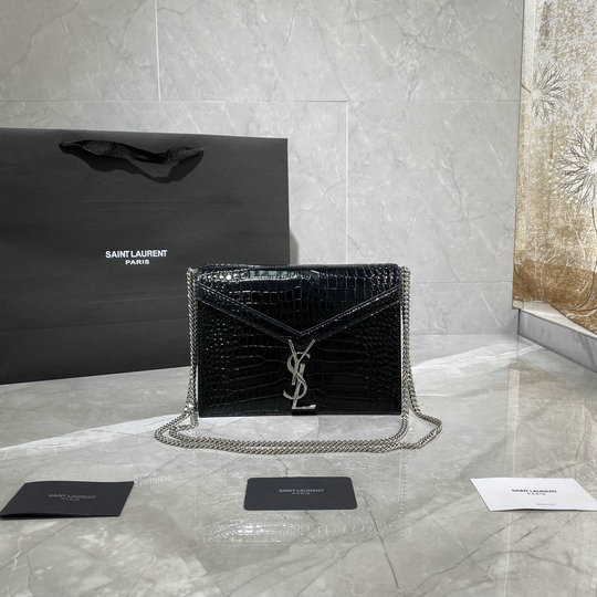 2021 Saint Laurent Cassandra Monogram Clasp Bag in black crocodile-embossed leather